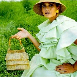 Eric Javits Elegant Tan and Cream Fringe Handbag